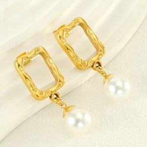 Retro hollow square gold stainless steel earrings with elegant white hanging pearls