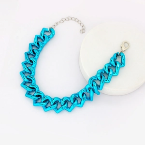 Detail of adjustable bright blue heart link pet necklace with silver lobster clasp closure