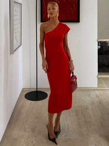 Elegant red one-shoulder bodycon midi dress with waist ruffles for a chic evening look