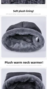 Detail view of the thick gray plush lining in winter knit hat and scarf set for warmth