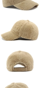Multi-angle views of a warm plush khaki baseball cap showing soft texture and cozy fleece