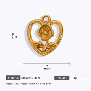Detailed view of 18mm gold heart pendant with internal rose design and size markings