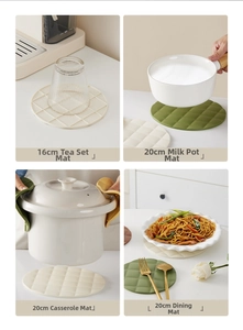 Detail of diamond pattern silicone heat mats showing 16cm and 20cm sizes in kitchen use