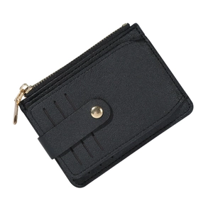 Minimalist black PU leather card holder wallet with zipper pocket and snap closure