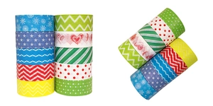 Detail of 10 rolls of colorful Christmas washi tape with snowflake and star patterns