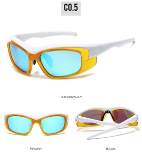 Detail view of white cycling sunglasses with blue mirrored lenses from multiple angles