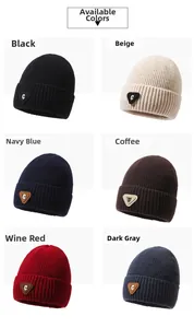 Knitted beanie color palette including black, beige, navy, coffee, burgundy and dark grey