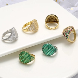 Adjustable micro-pave crystal rings in colorful water-drop and oval shapes on gold base