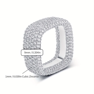 Detail of 9mm square ring with 1mm cubic zirconia pave setting in a silver finish
