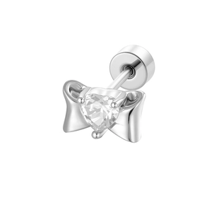 Silver bow stud earring featuring a heart-shaped zircon and screw back closure