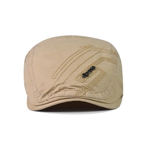 Khaki cotton flat cap with decorative stitching and a metal sports logo accent