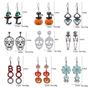 Detailed size chart for nine styles of Halloween earrings with rhinestone cat and pumpkin