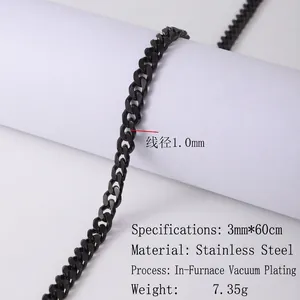 Close-up of 3mm gun-black Cuban link chain made of vacuum-plated stainless steel