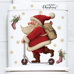 Merry Christmas Santa Claus riding scooter toilet lid stickers for bathroom decor