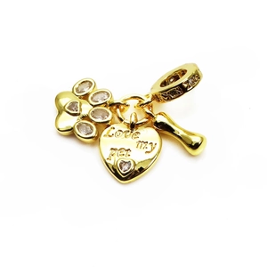 Gold-plated 925 silver pet charm with zircon paw, bone, and 'Love my pet' heart engraving