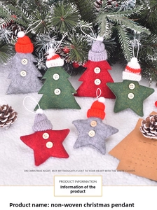 Christmas felt ornaments set with knit hats and wooden buttons in a holiday scene