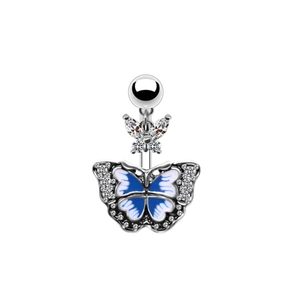 Silver butterfly belly ring featuring blue enamel wings and sparkling crystal accents