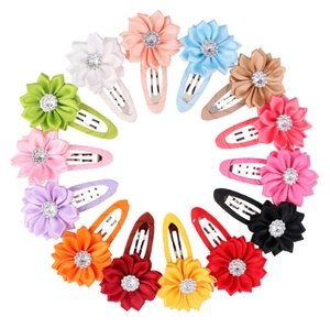 Set of 14 colorful satin flower hair clips with rhinestones for girls and toddlers