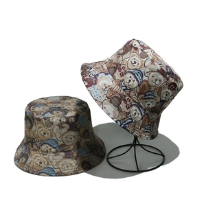 Women Bucket Hat Polyester Jacquard Cartoon Bear Pattern Vintage Cute Summer Sun Protection Travel Fisherman Cap