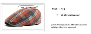 Detailed size chart for plaid beret showing 55-59cm adjustable head circumference