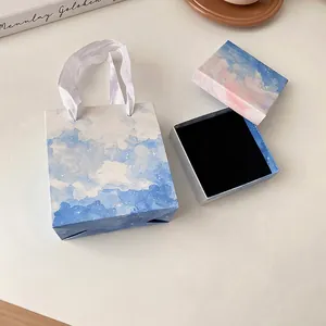 Blue cloud pattern jewelry gift box and paper bag set with white ribbon handles