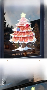 Détail du sticker sapin de Noël rouge avec texte Merry Christmas et boîtes de cadeaux