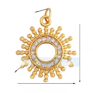 Detailed view of 20mm gold sun pendant with white zircon inlay and dimensions