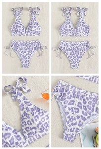 Detail view of purple leopard bikini featuring ribbed fabric and shoulder tie bows