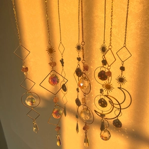 Garden crystal wind chimes with gold metal sun moon charms and faceted crystal balls