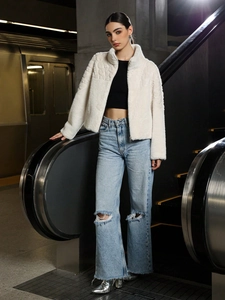 Chic white faux fur jacket with high collar and zipper for women's autumn winter fashion