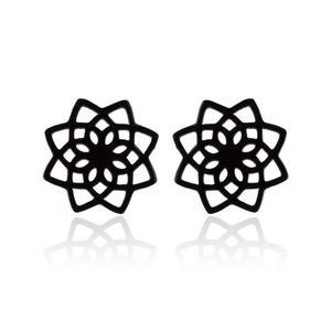 Matte black hollow lotus flower stud earrings with a vintage geometric mandala design