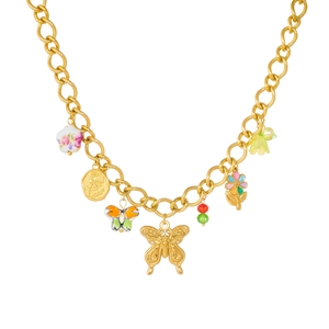 Chunky gold chain necklace with colorful butterfly, ceramic flower and rose coin pendants