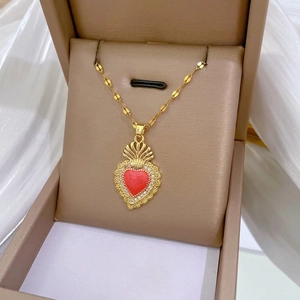 Vintage gold heart necklace with red enamel and crystals in a luxury gift box