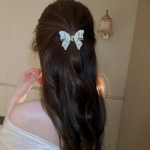 Vista dettagliata di un fermaglio per capelli a farfalla con zirconi su lunghi capelli castani