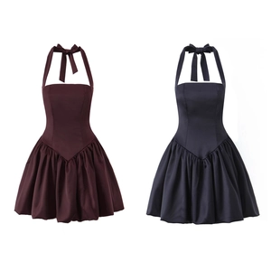 Halter neck backless puff dress in dark red and navy blue matte satin finish