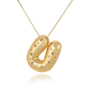 Close-up of 18k gold plated U-shaped letter pendant with inlaid multi-color zircons