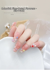 Detailed view of colorful resin five-petal flowers in a 6-grid nail art box