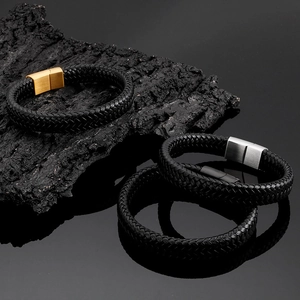 Braided leather bracelets for men with matte magnetic clasps in black, silver and gold tones