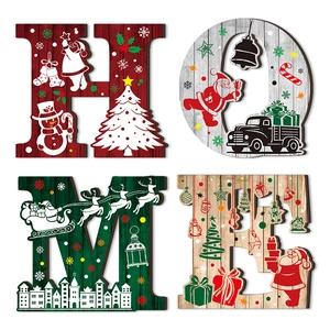 Weihnachts-HOME-Holzschild mit Weihnachtsmann, Rentier und LKW für die Wanddekoration