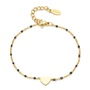 Detail of 18k gold plated stainless steel heart bracelet with black seed beads and clasp