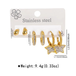 Detailed view of three pairs of gold stainless steel earrings with size measurements