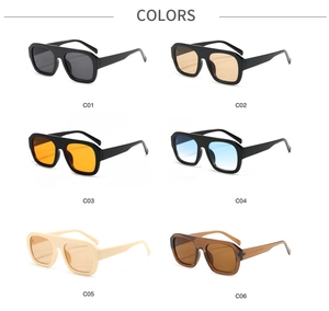 Six colors of square sunglasses including black, beige, and transparent brown frames