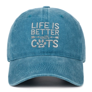 Detail view of blue washed cotton baseball cap with Life is Better with Cats embroidery