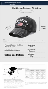 Size chart for vintage denim baseball cap showing brim length and adjustable head circumference