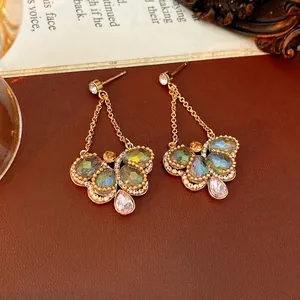 Vintage Butterfly Dangle Earrings Bohemian Long Tassel Crystal Glass Water Drop Inlay With Silver Earring Post
