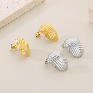 Vertical ribbed hollow semi-round stainless steel earrings in gold and silver finishes