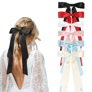 Large Satin Hair Bow Clip With Long Streamers Sweet Solid Color Princess Elegant Hairpin Headwear For Women Girls