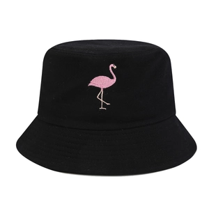 Black cotton bucket hat with pink flamingo embroidery and reinforced stitched brim