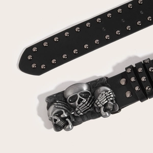 Ceinture punk en cuir noir pour hommes avec rivets en métal argenté et boucle triple crâne