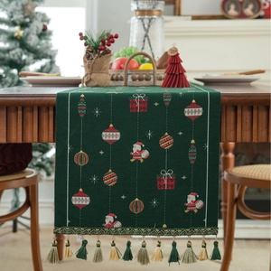 Christmas Table Runner Polyester Jacquard Santa Claus Ornaments Tassels Dining Decor Holiday American Style Vintage